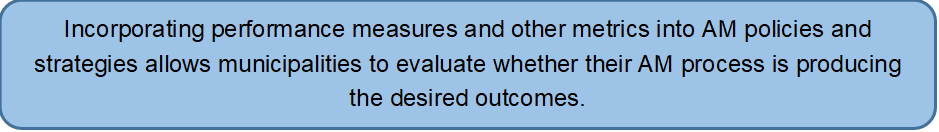 Incorporating performance measures and other metrics into AM policies and strategies allows municipalities to evaluate whether their AM process is producing the desired outcomes.