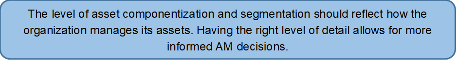 The level of asset componentization and segmentation should reflect how the organization manages its assets. Having the right level of detail allows for more informed AM decisions.