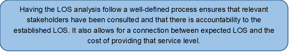 Having the LOS analysis follow a well-defined process ensures that relevant stakeholders have been consulted and that there is accountability to the established LOS. It also allows for a connection between expected LOS and the cost of providing that service level.