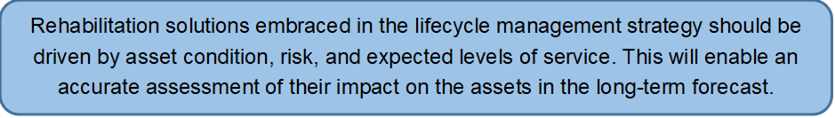 Rehabilitation solutions embraced in the lifecycle management strategy should be driven by asset condition, risk, and expected levels of service. This will enable an accurate assessment of their impact on the assets in the long-term forecast.