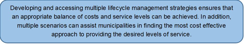 Developing and accessing multiple lifecycle management strategies ensures that an appropriate balance of costs and service levels can be achieved. In addition, multiple scenarios can assist municipalities in finding the most cost effective approach to providing the desired levels of service.