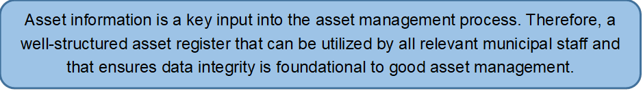 Asset information is a key input into the asset management process. Therefore, a well-structured asset register that can be utilized by all relevant municipal staff and that ensures data integrity is foundational to good asset management.